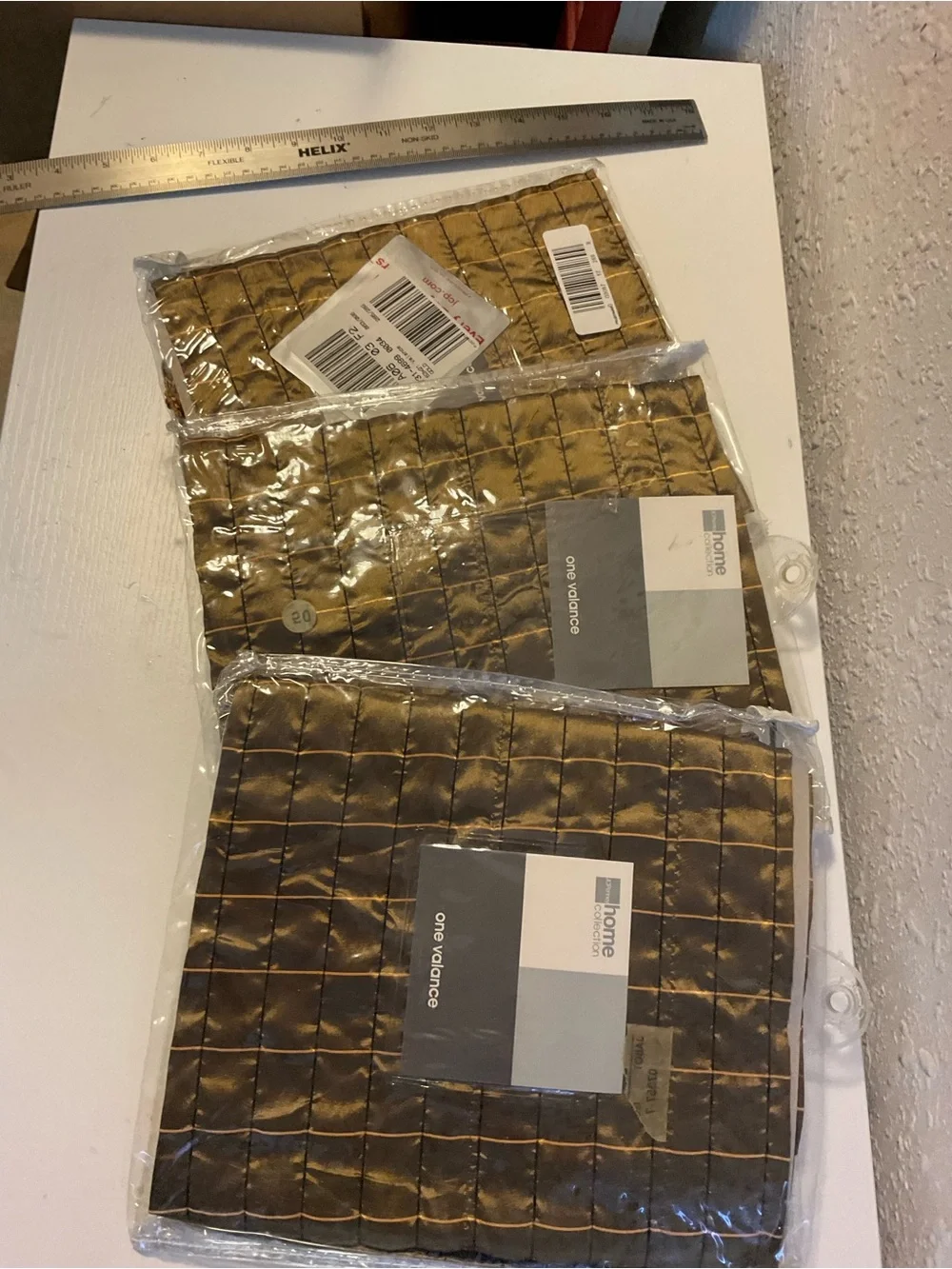 Window curtains gold shimmer brown Chocolate 3 panels & 3 beaded Valances